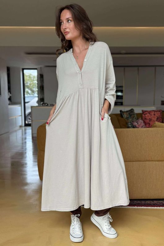 Made in Italy Donegal Cotton Jersey Smock Dress Stone /6 =